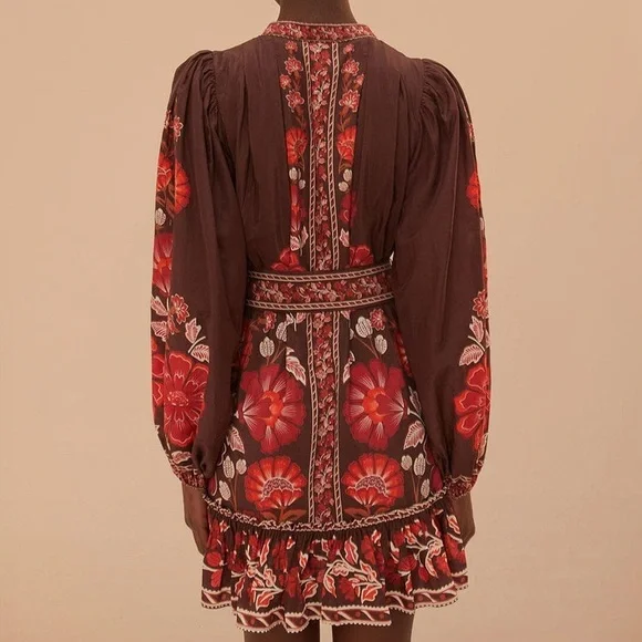 SOLD FARM Rio Gigi Tapestry Brown Mini Dress Beaded Buckle Red Floral Size L - Picture 5 of 16